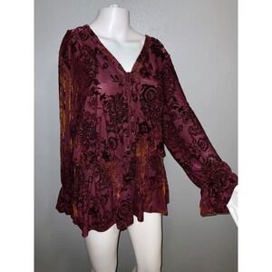 TRACY PORTER Whimsygoth Burgundy Velvet Burnout Lace Up Boho Peasant top 8-10